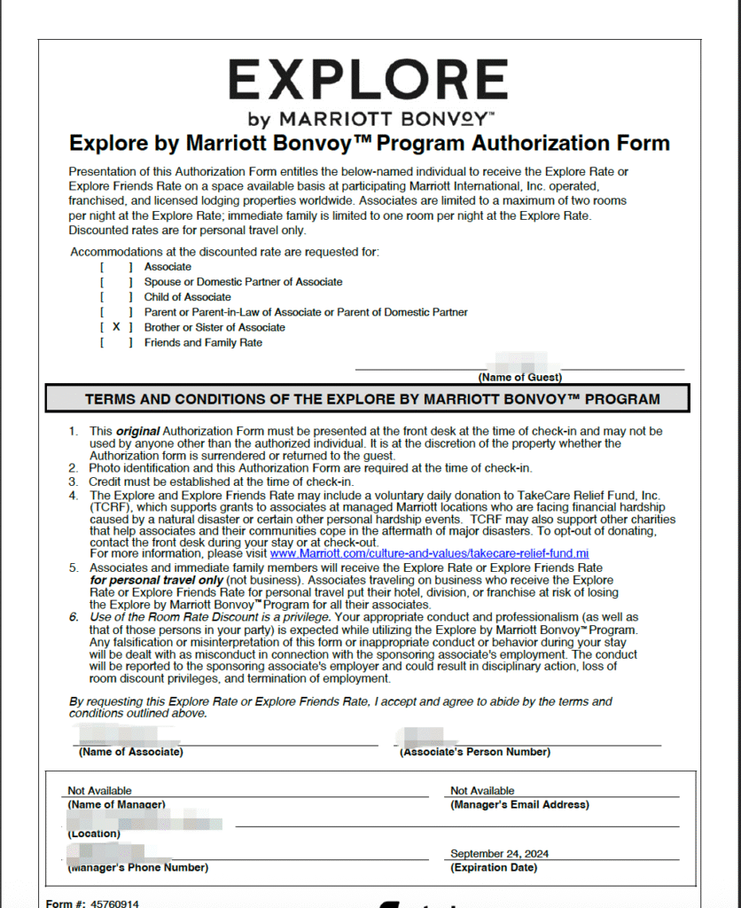 An example of Marriott MMP Form