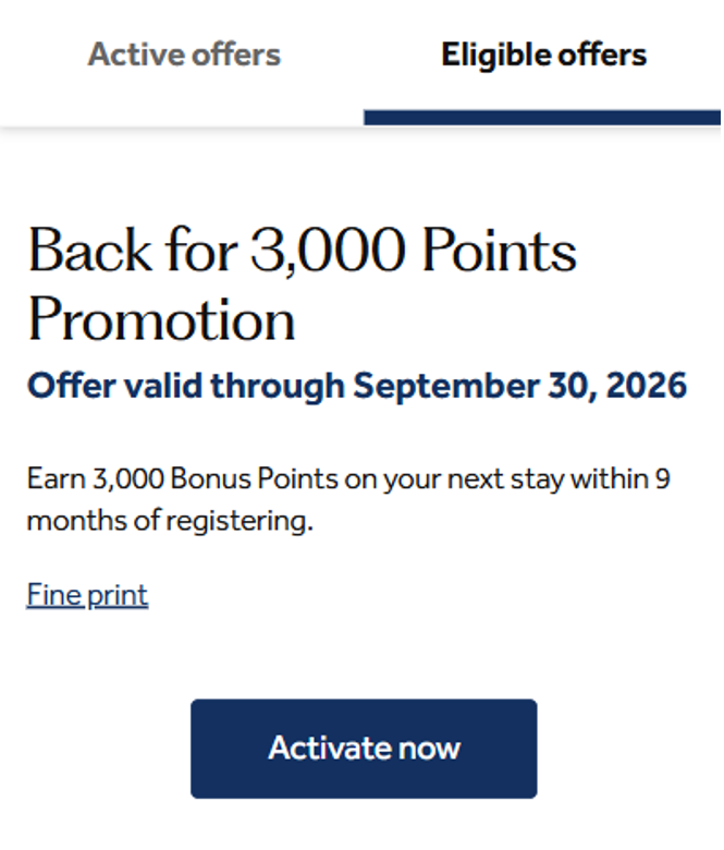 Hilton Honors hotel targeted offers for dormant accounts showing bonus points and double points promotions