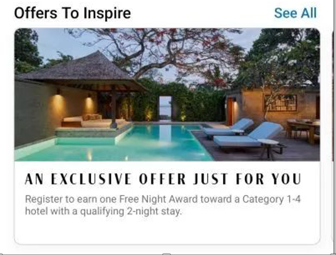 World of Hyatt hotel targeted offers showing suite upgrade awards and free night certificates