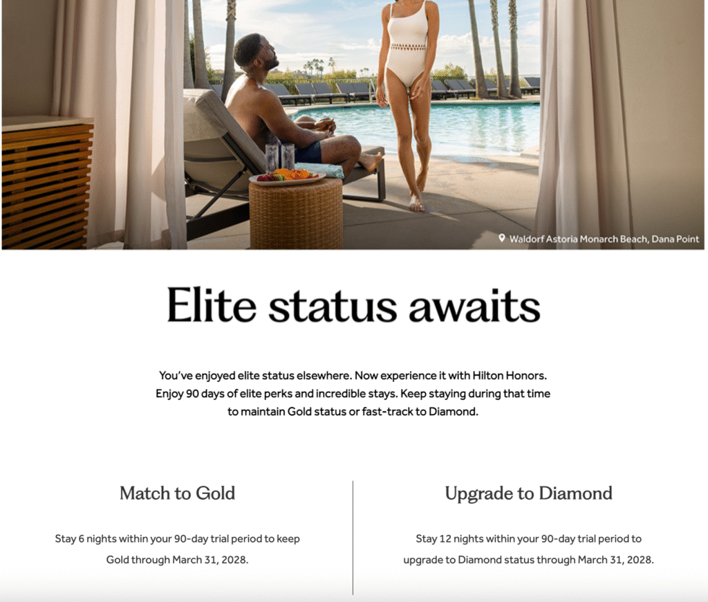 Hilton Diamond Challenge 2026 program offering fast-track elite status through hotel status matching