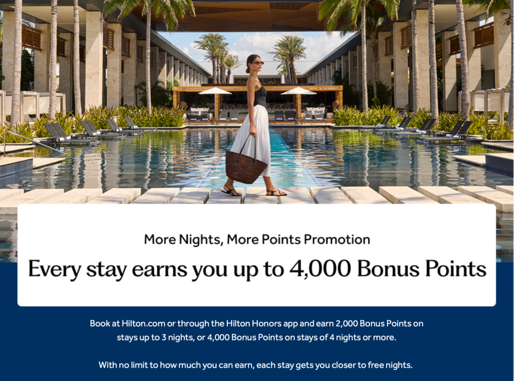 Hilton More Nights More Points 2026 promotion offering up to 4,000 bonus points per stay June through August