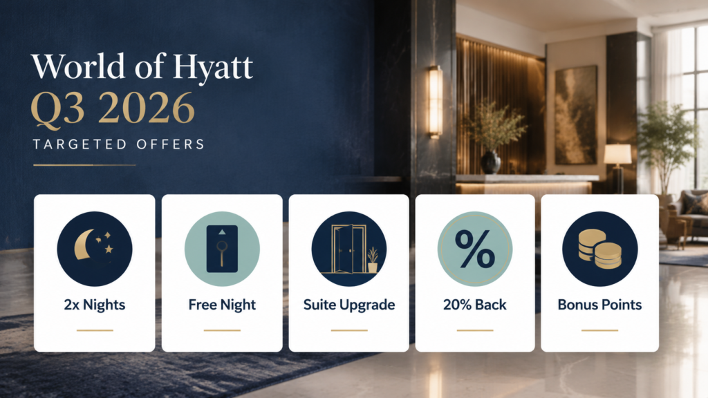 World of Hyatt Q3 2026 targeted offers including double elite nights, free night awards, suite upgrades, points back, and bonus points