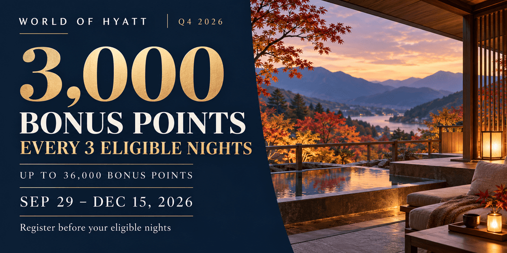  The Hyatt Q4 2026 promotion pays 3,000 bonus points for every three eligible nights between September 29 and December 15, 2026, up to 36,000 points.